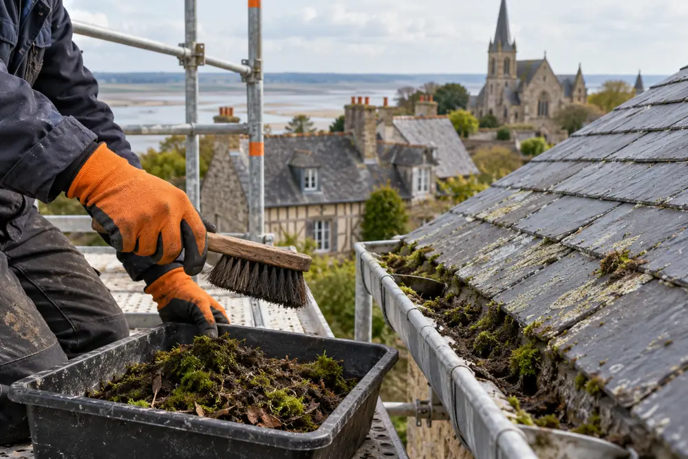 Brossage et retrait de mousses sur une toiture