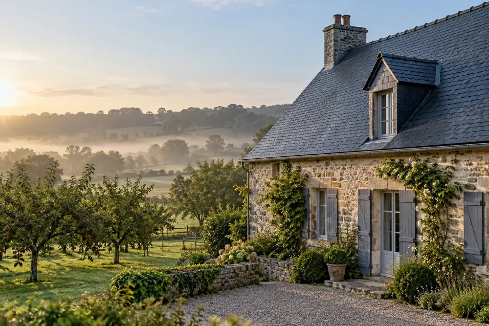 Maison en pierre avec toiture en ardoise dans un paysage de campagne
