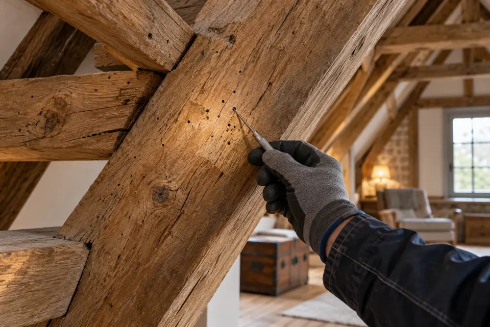 Examen d’une pièce de charpente en bois
