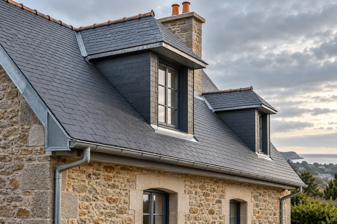 Couverture en ardoise et détails de toiture d’une maison en pierre