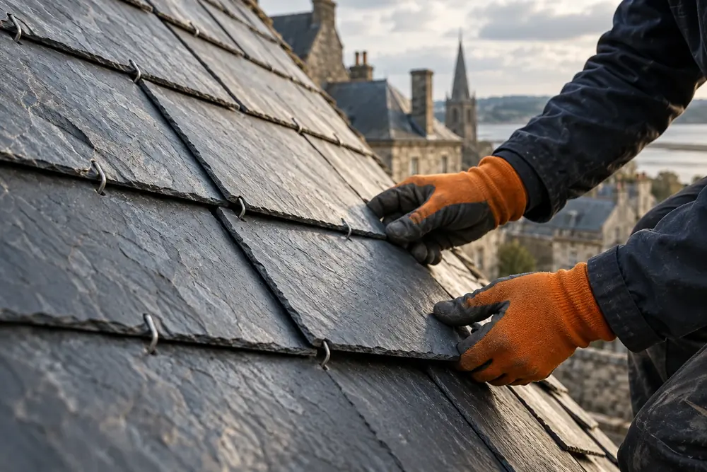 Détail d’ardoises et de leurs fixations sur une couverture