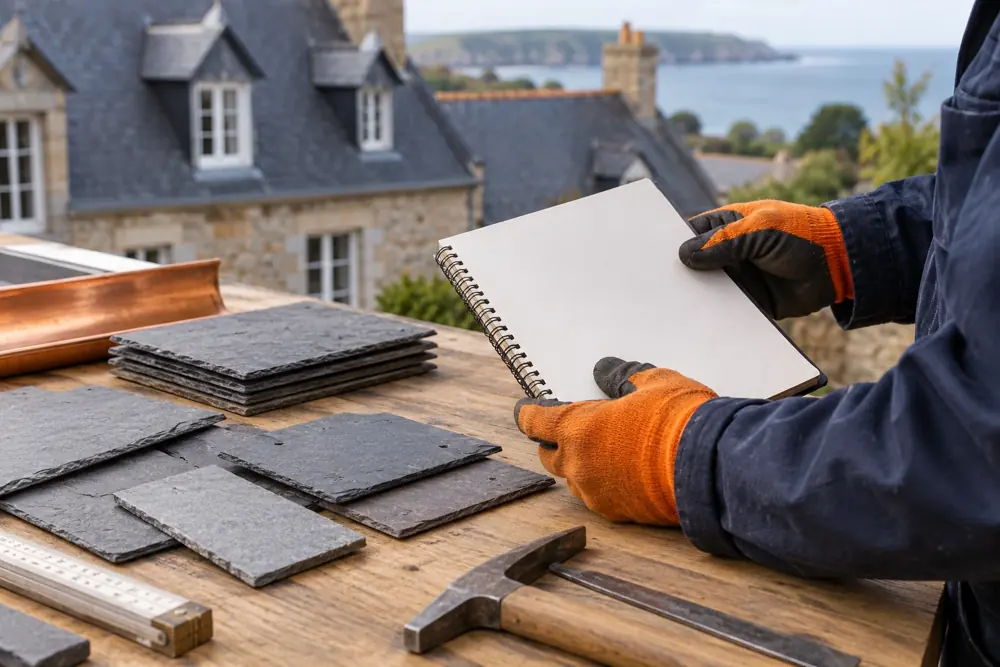 Carnet et échantillons d’ardoise pour préparer un projet de toiture