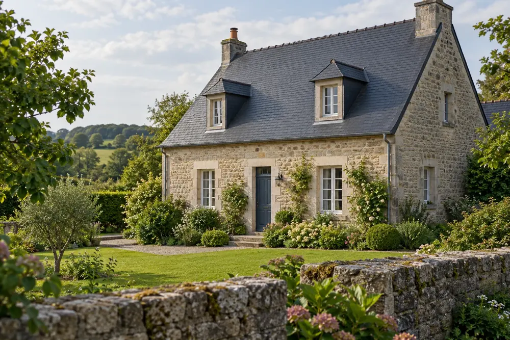 Maison en pierre couverte d’ardoises dans un jardin