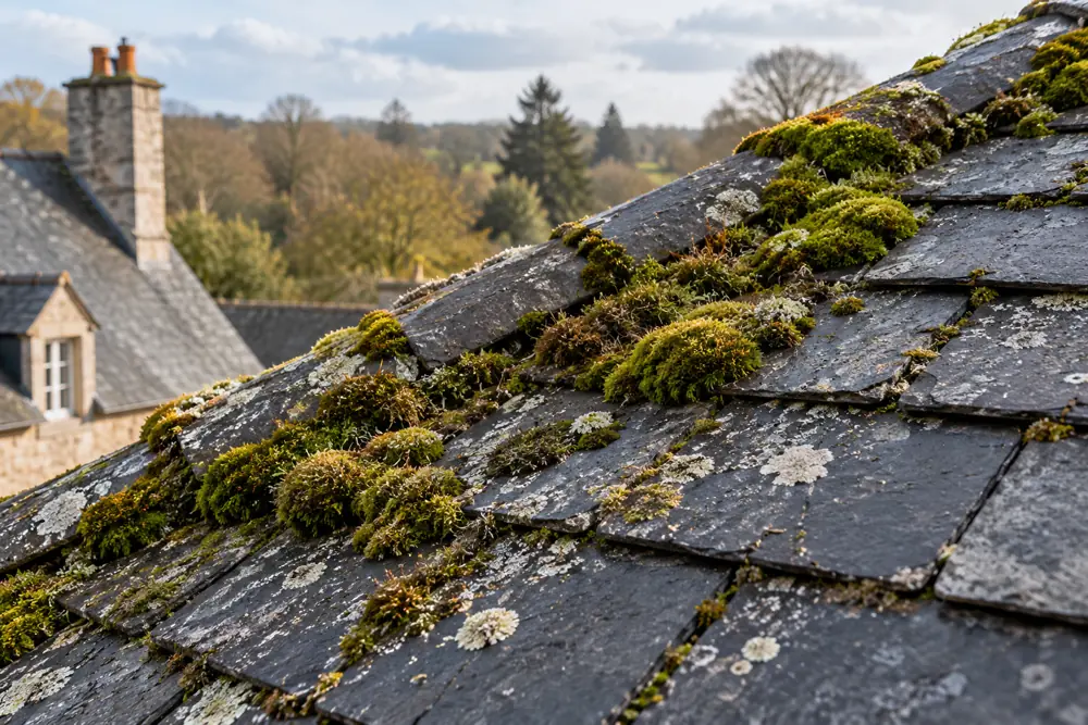Mousses et lichens présents sur des ardoises
