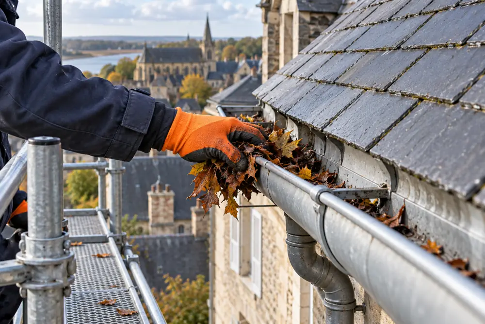 Retrait de feuilles accumulées dans une gouttière