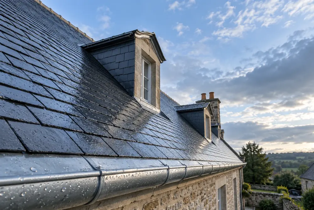 Couverture en ardoise et gouttière après la pluie