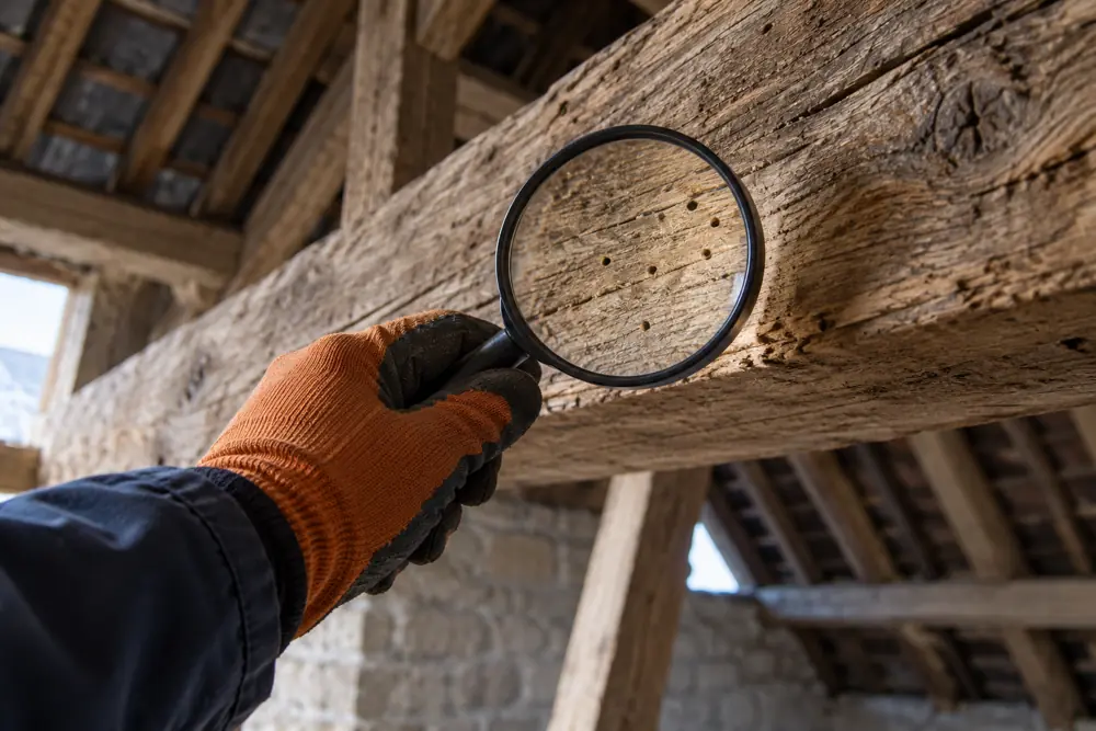 Examen rapproché des traces sur une poutre en bois