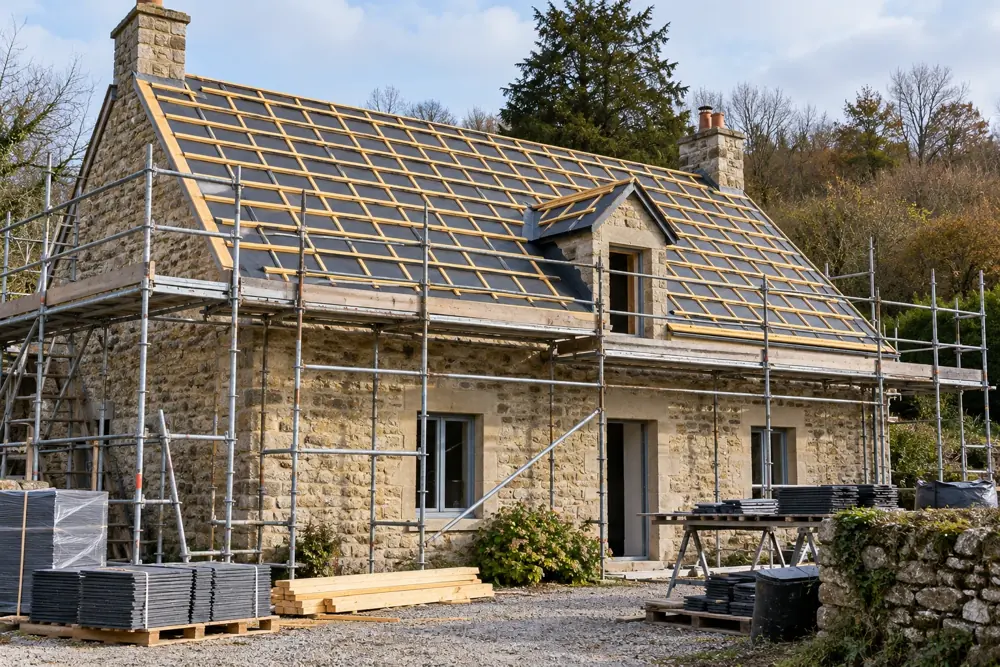Support de couverture en cours de préparation sur une maison en pierre