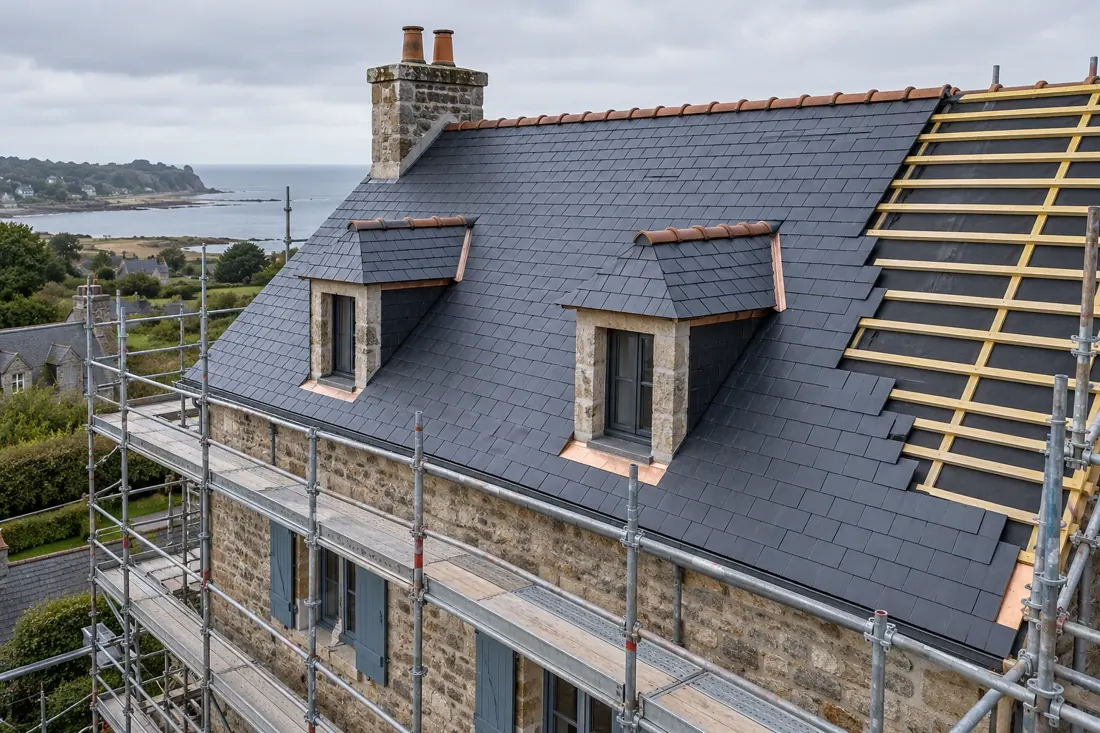 Toiture en ardoise en cours de rénovation avec échafaudage