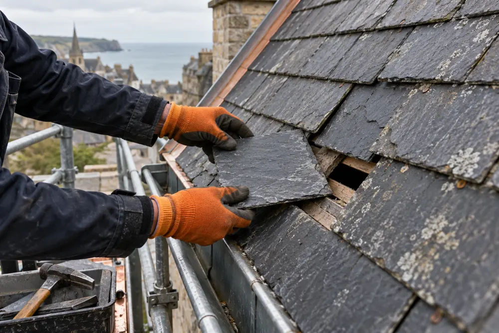 Remplacement d’un élément d’ardoise sur une toiture
